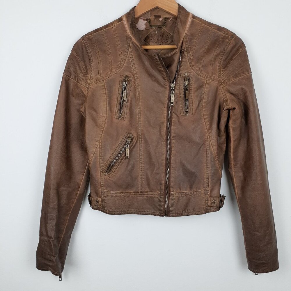 Jou Jou Faux Leather Aviator Jacket Size S. Brown Cropped Moto Zippers Pockets